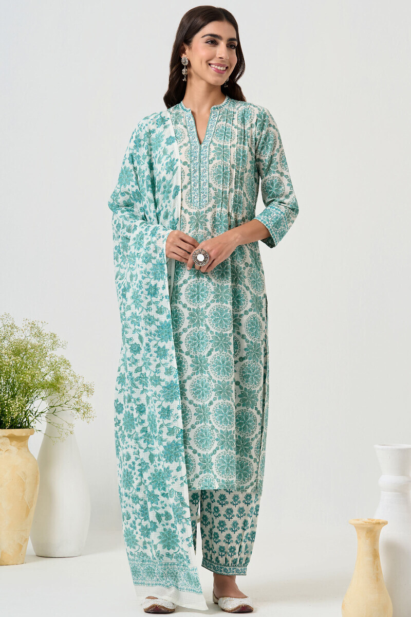White Hand Block Printed Ram Buta Izhaar Pants