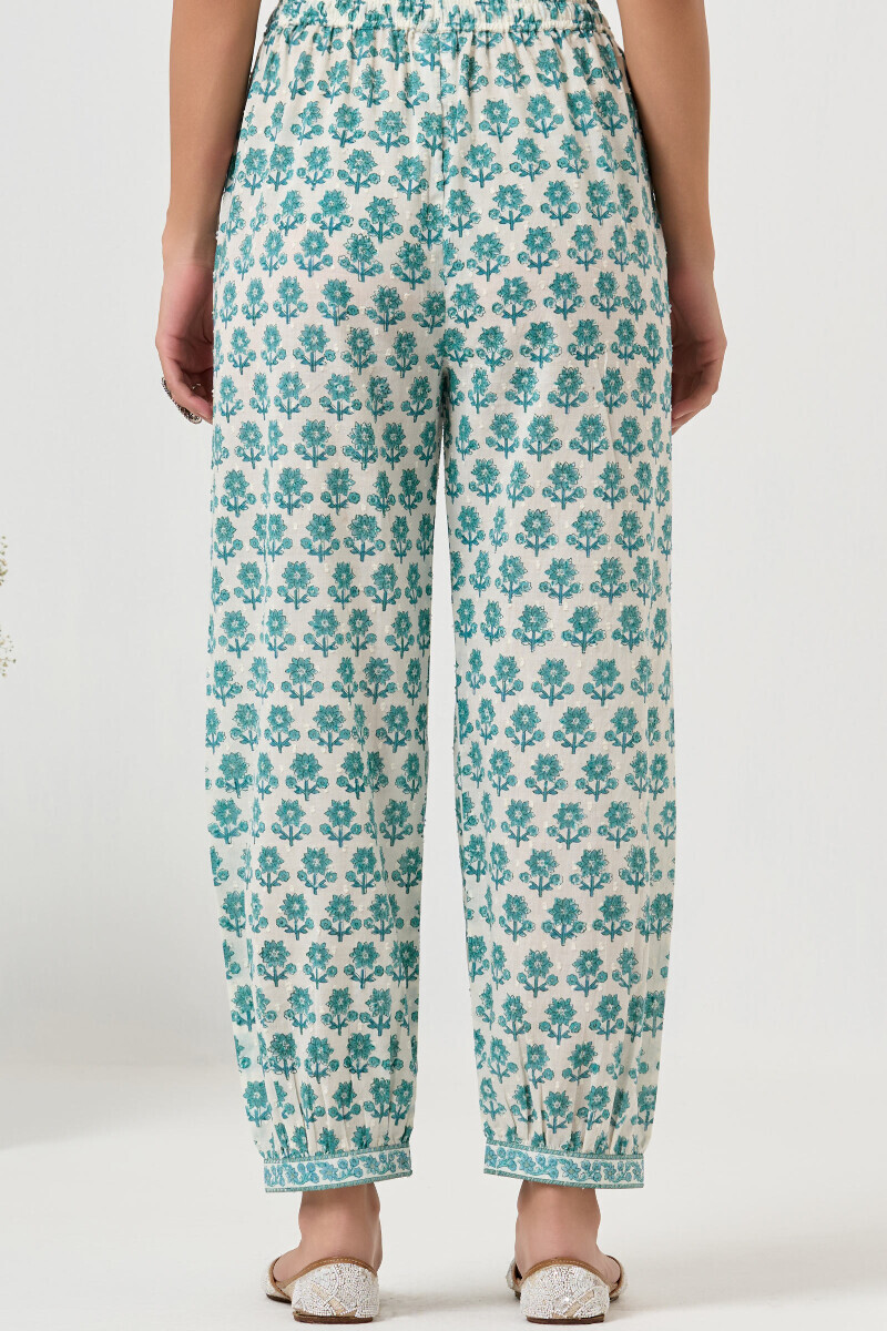 White Hand Block Printed Ram Buta Izhaar Pants