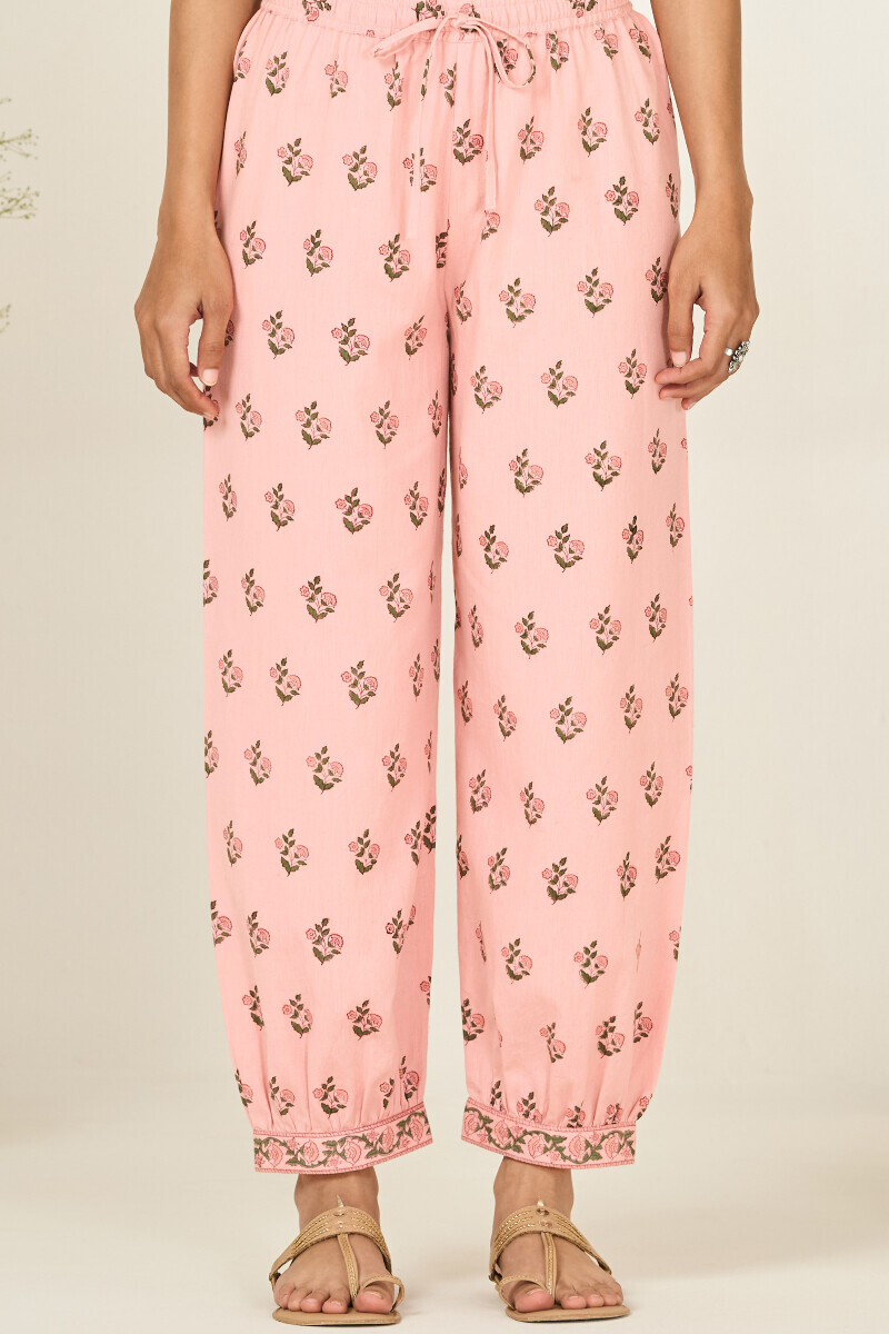 Pink Hand Block Printed Cotton Flax Izhaar Pants