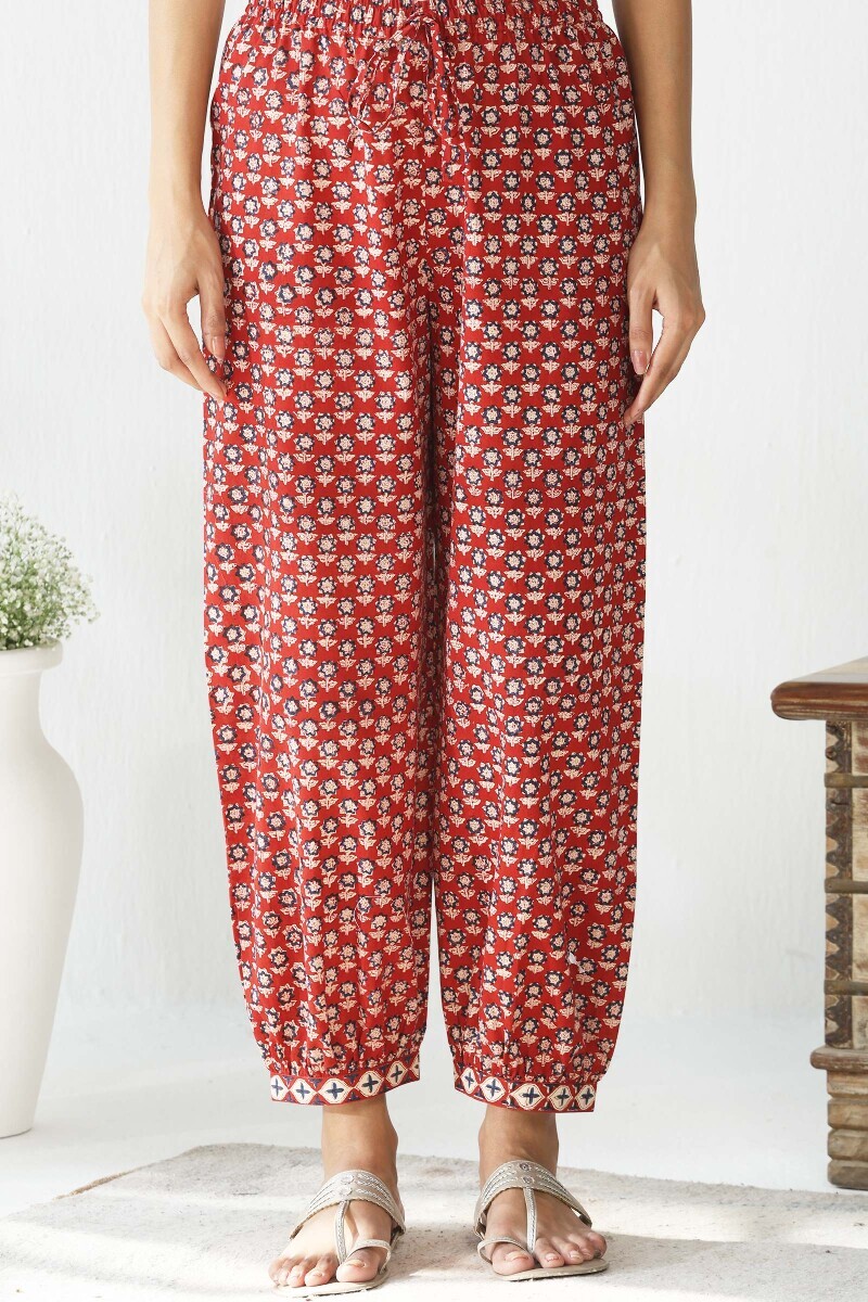 Red Hand Block Printed Cotton Izhaar Pants