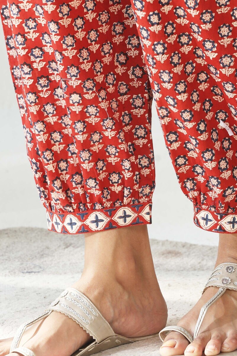 Red Hand Block Printed Cotton Izhaar Pants