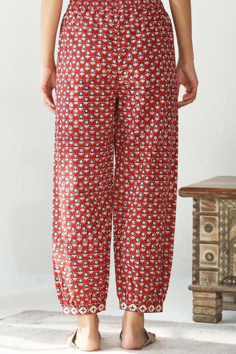 Red Hand Block Printed Cotton Izhaar Pants