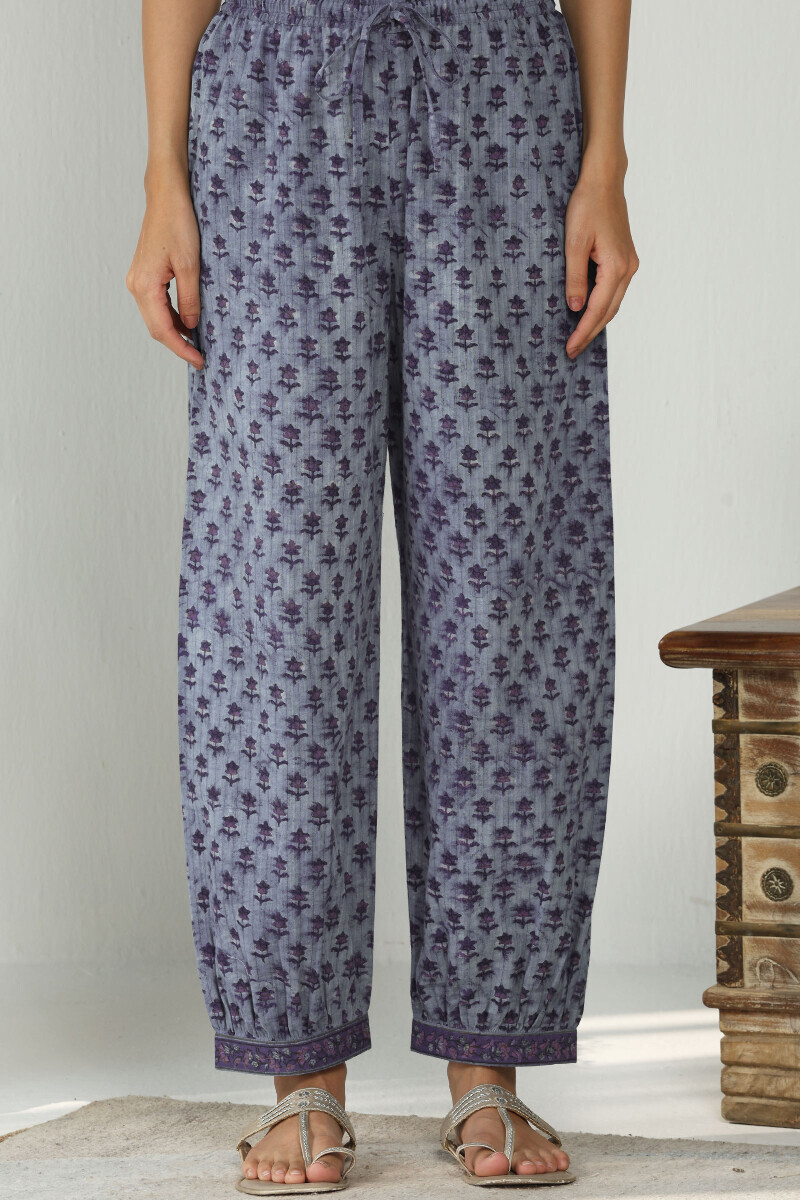 Purple Hand Block Printed Cotton Dobby Izhaar Pants