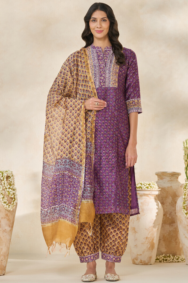 Yellow Hand Block Printed Chanderi Izhaar Pants