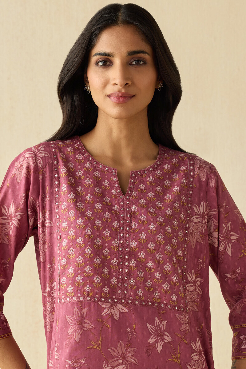 Mauve Hand Printed Cotton Dobby Kaftan
