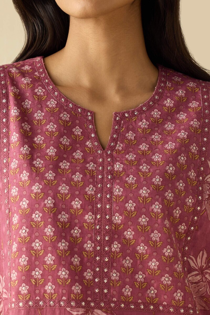 Mauve Hand Printed Cotton Dobby Kaftan