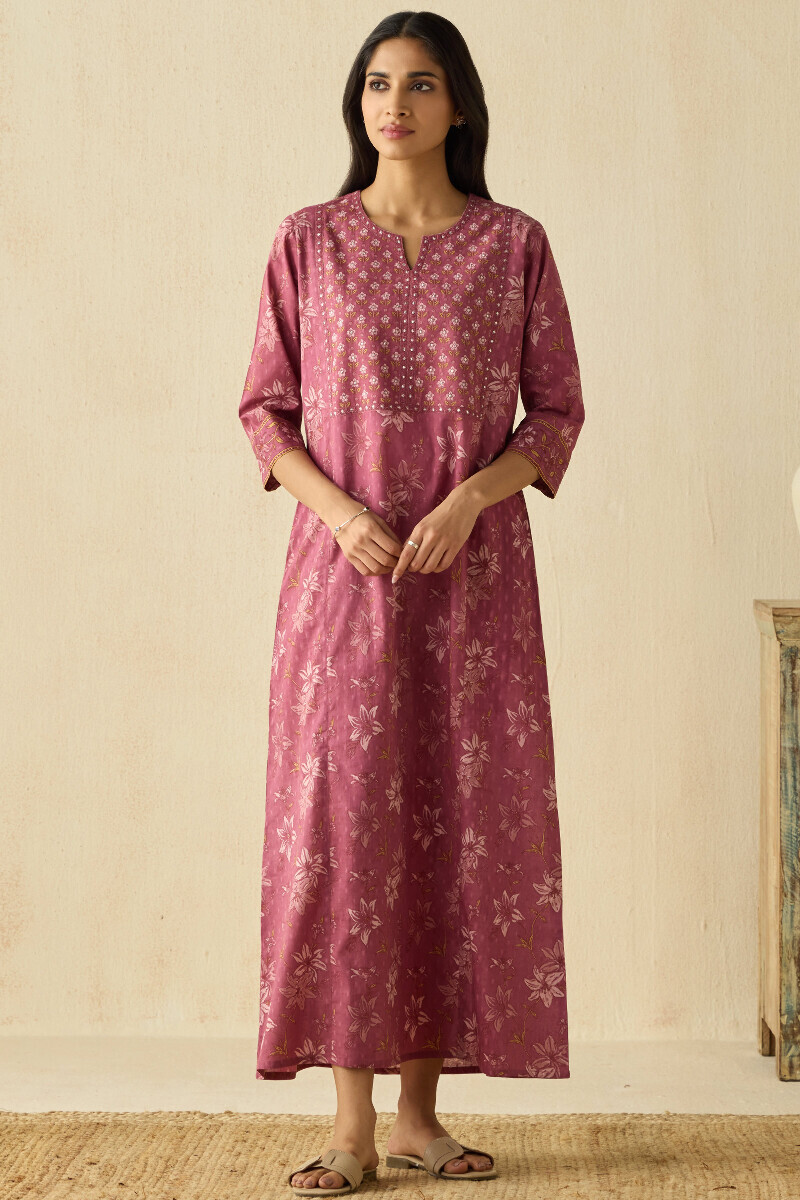 Mauve Hand Printed Cotton Dobby Kaftan
