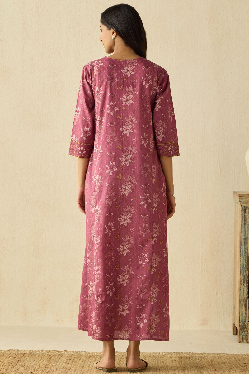 Mauve Hand Printed Cotton Dobby Kaftan