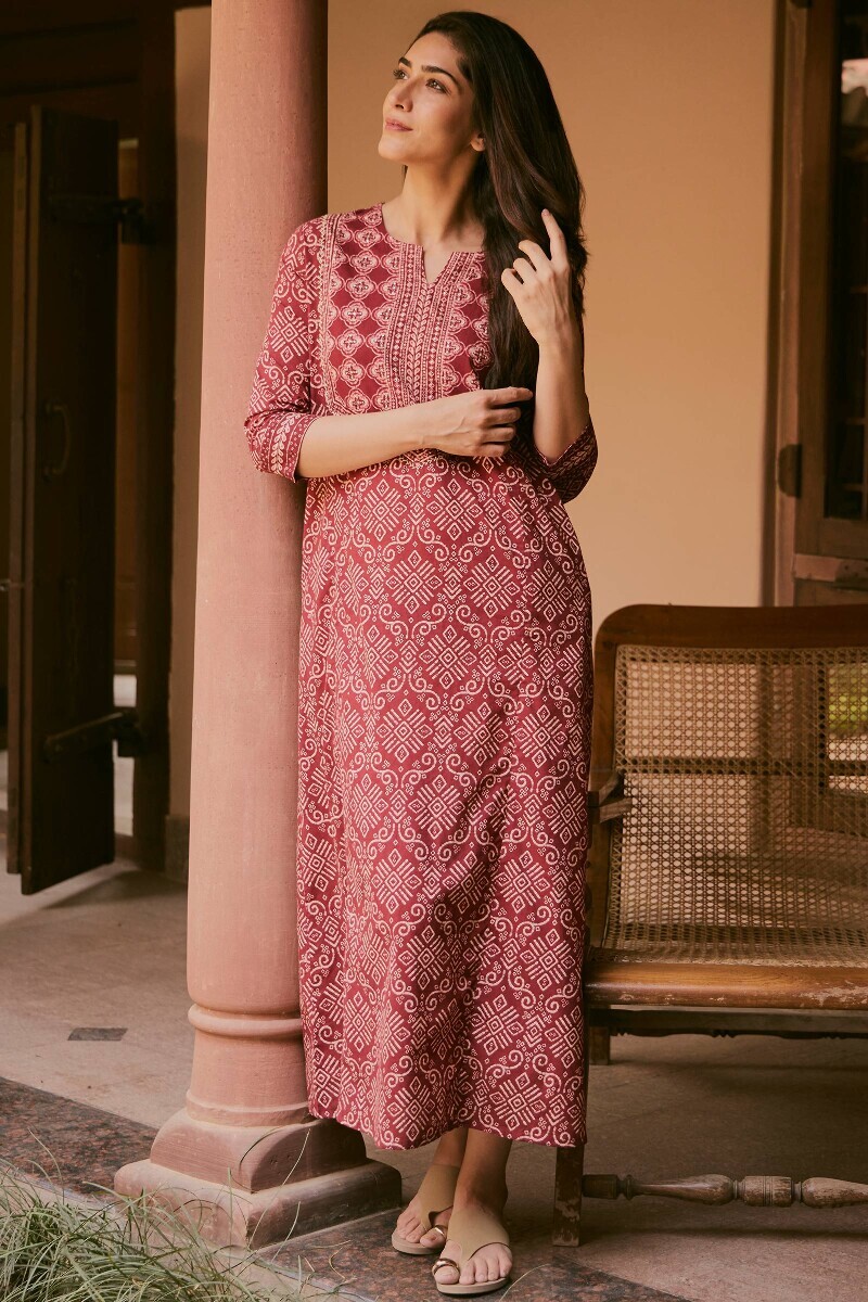 Maroon Printed Cotton Kaftan