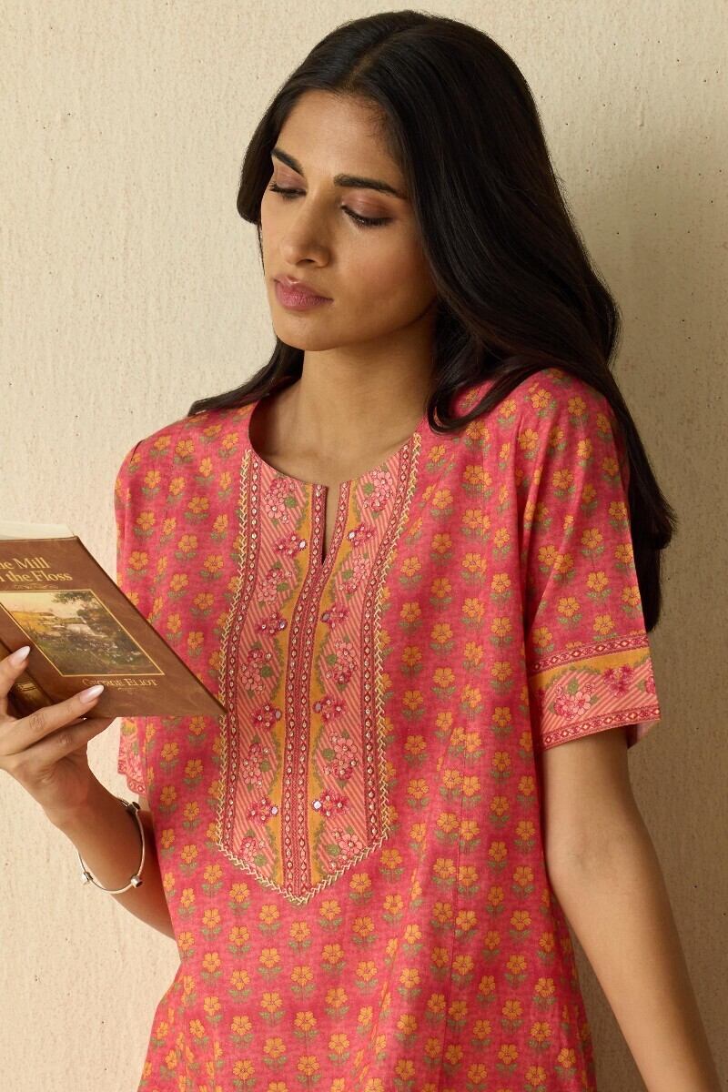 Pink Printed Cotton Kaftan