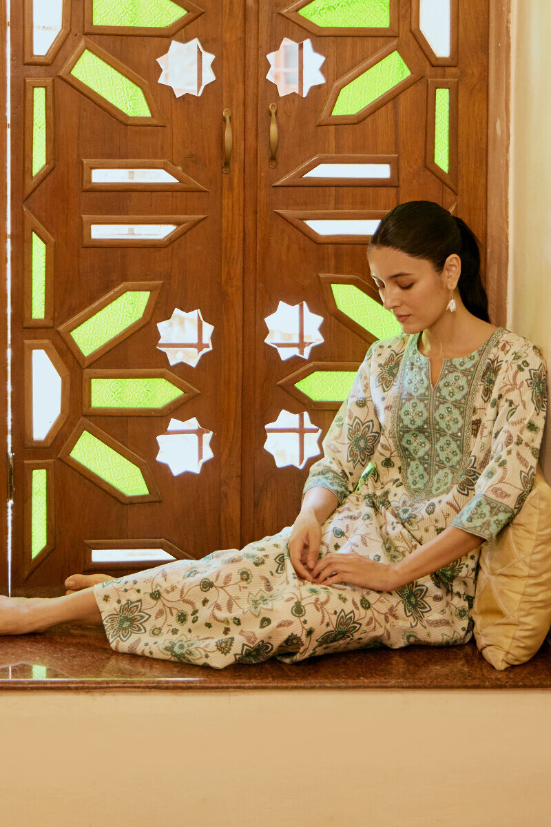 Cream Hand Printed Cotton Dobby Kaftan