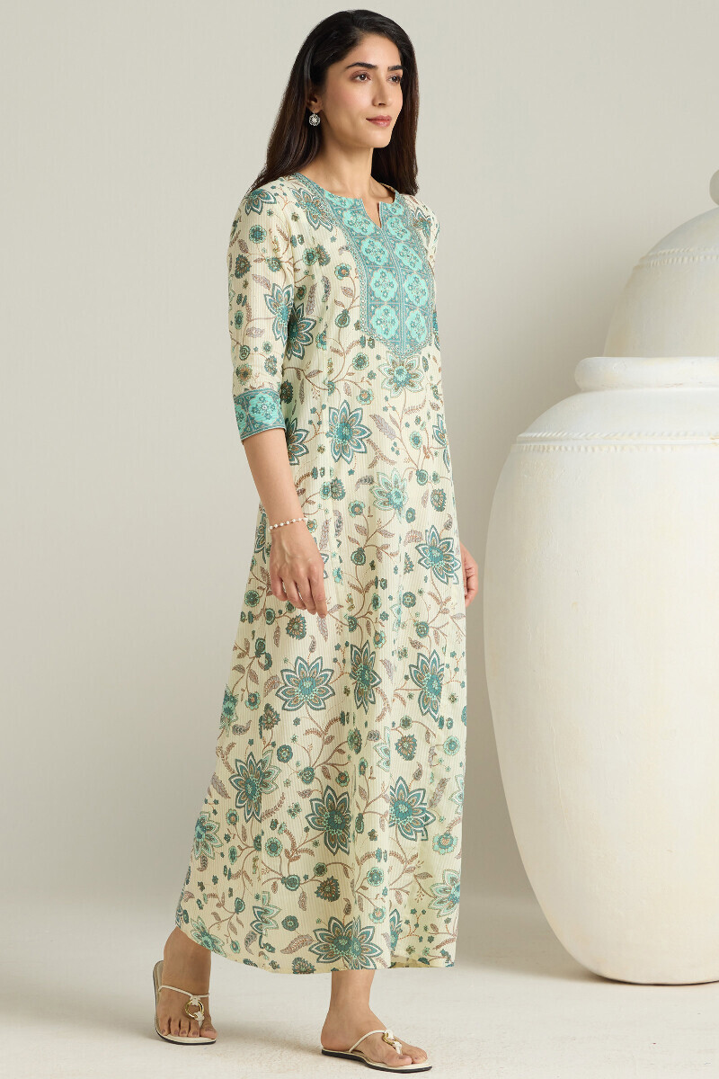 Cream Hand Printed Cotton Dobby Kaftan