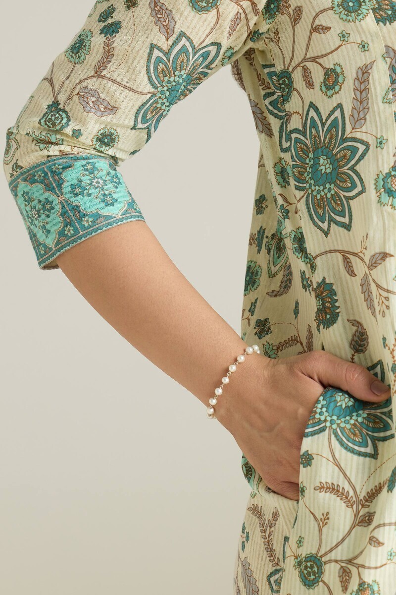 Cream Hand Printed Cotton Dobby Kaftan