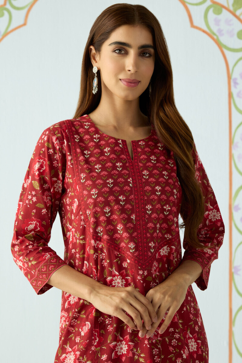 Maroon Hand Printed Cotton Kaftan