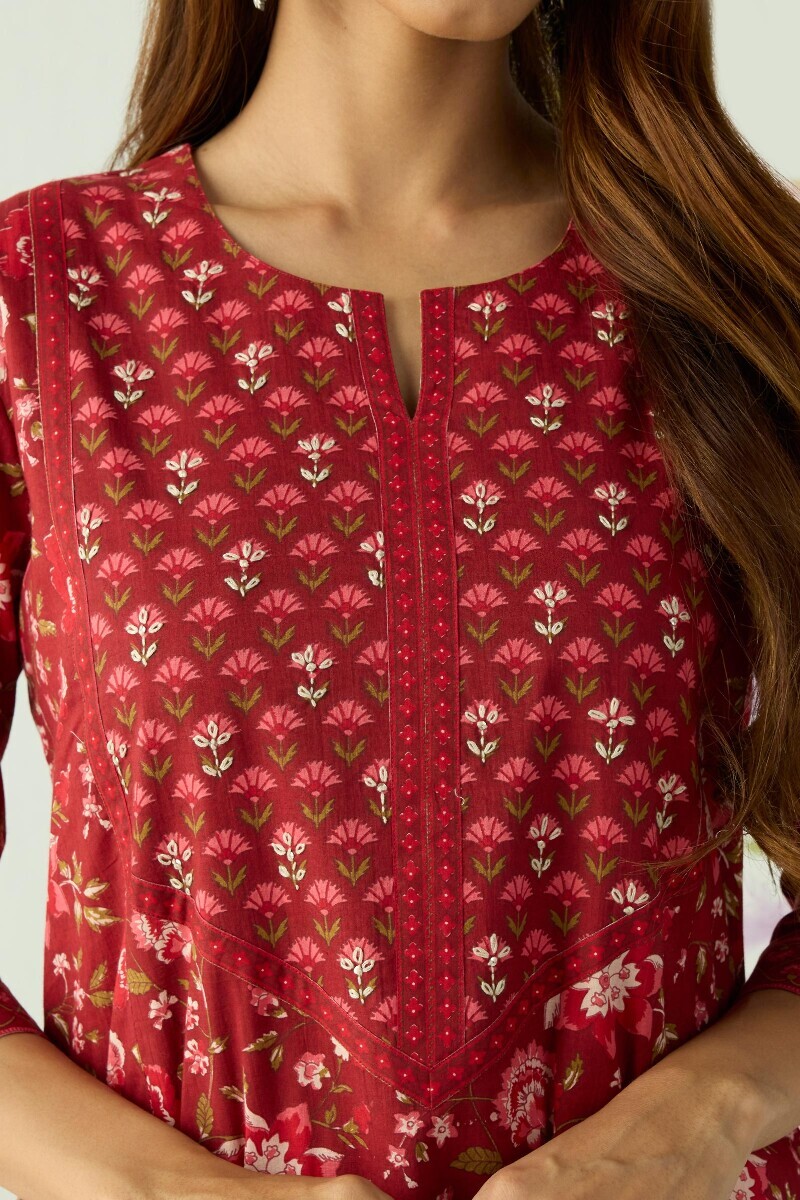 Maroon Hand Printed Cotton Kaftan