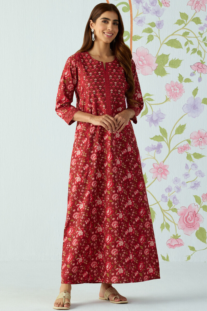 Maroon Hand Printed Cotton Kaftan
