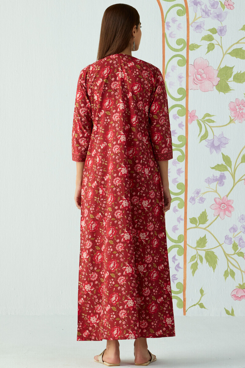 Maroon Hand Printed Cotton Kaftan