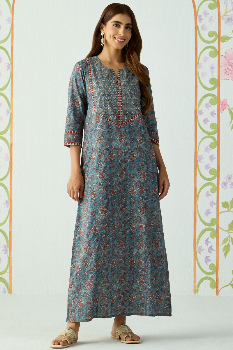 Blue Printed Cotton Kaftan