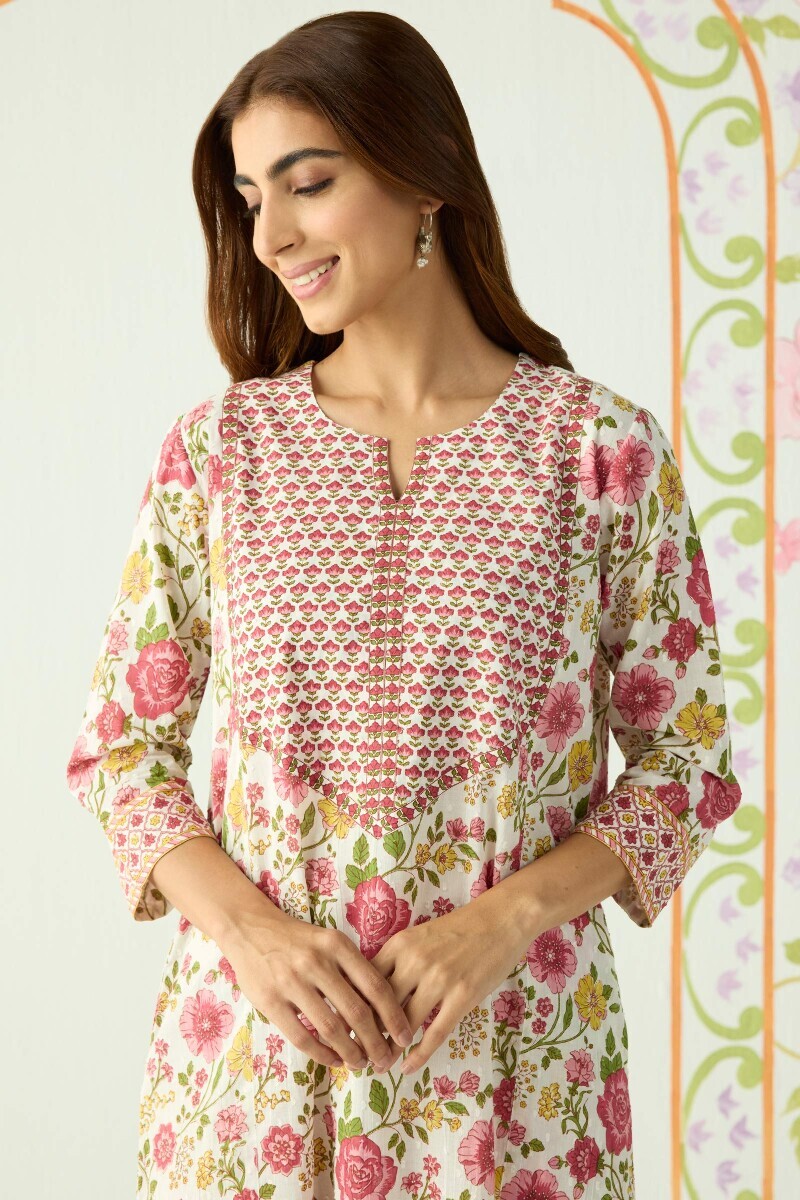 White Hand Printed Cotton Dobby Kaftan