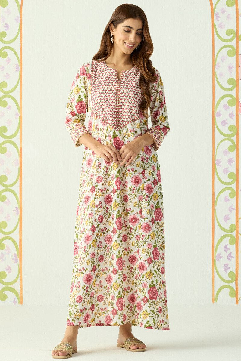 White Hand Printed Cotton Dobby Kaftan