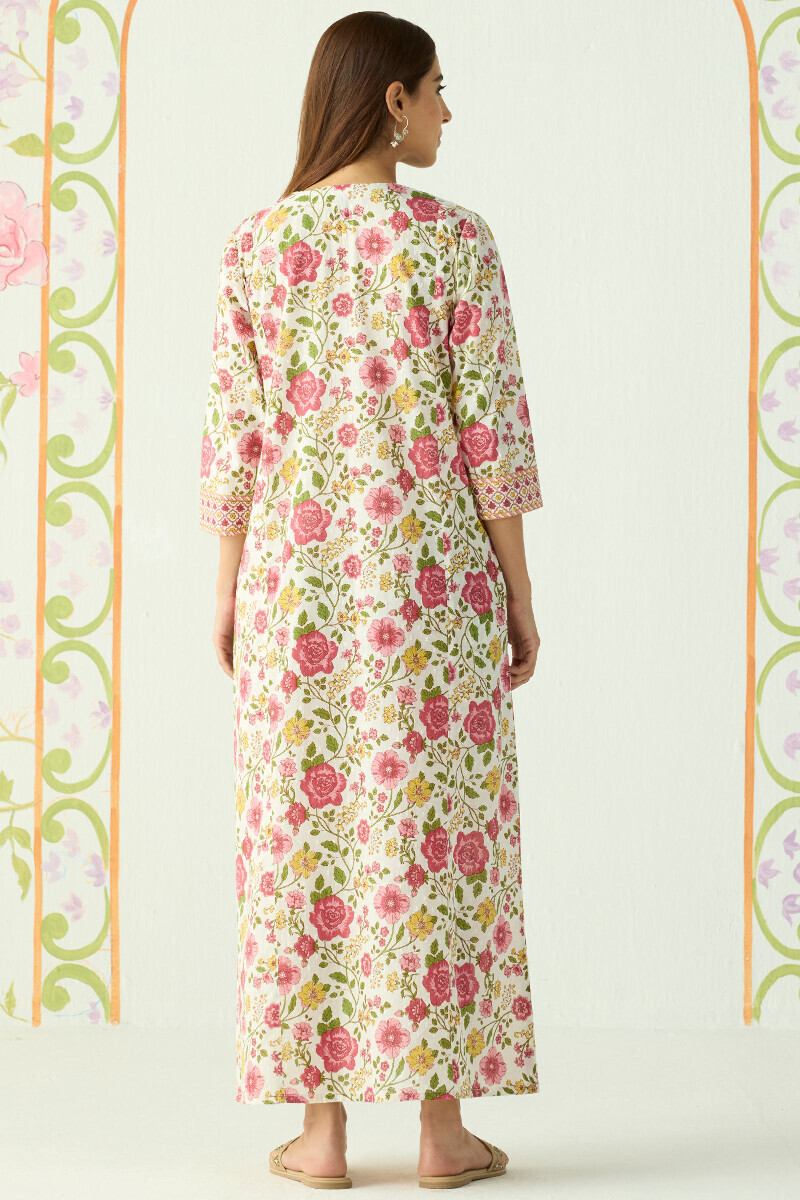 White Hand Printed Cotton Dobby Kaftan