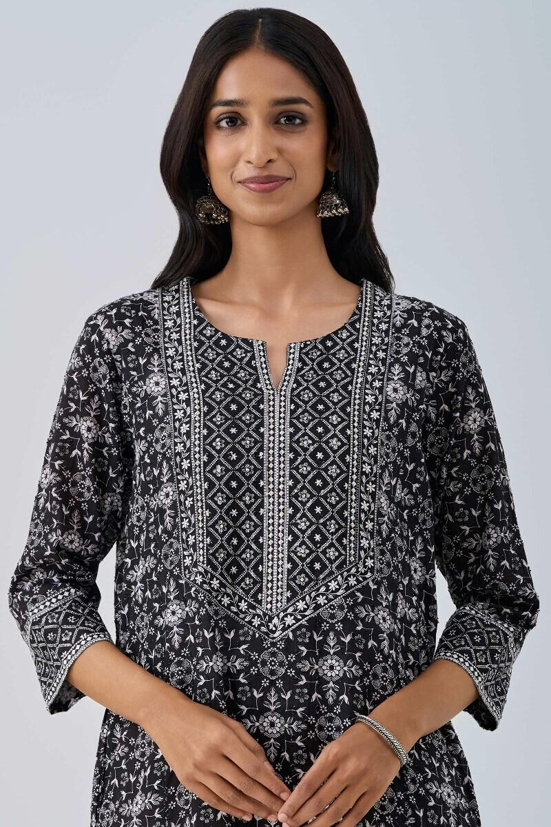 Black Hand Printed Cotton Dobby Kaftan
