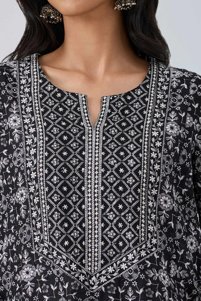 Black Hand Printed Cotton Dobby Kaftan