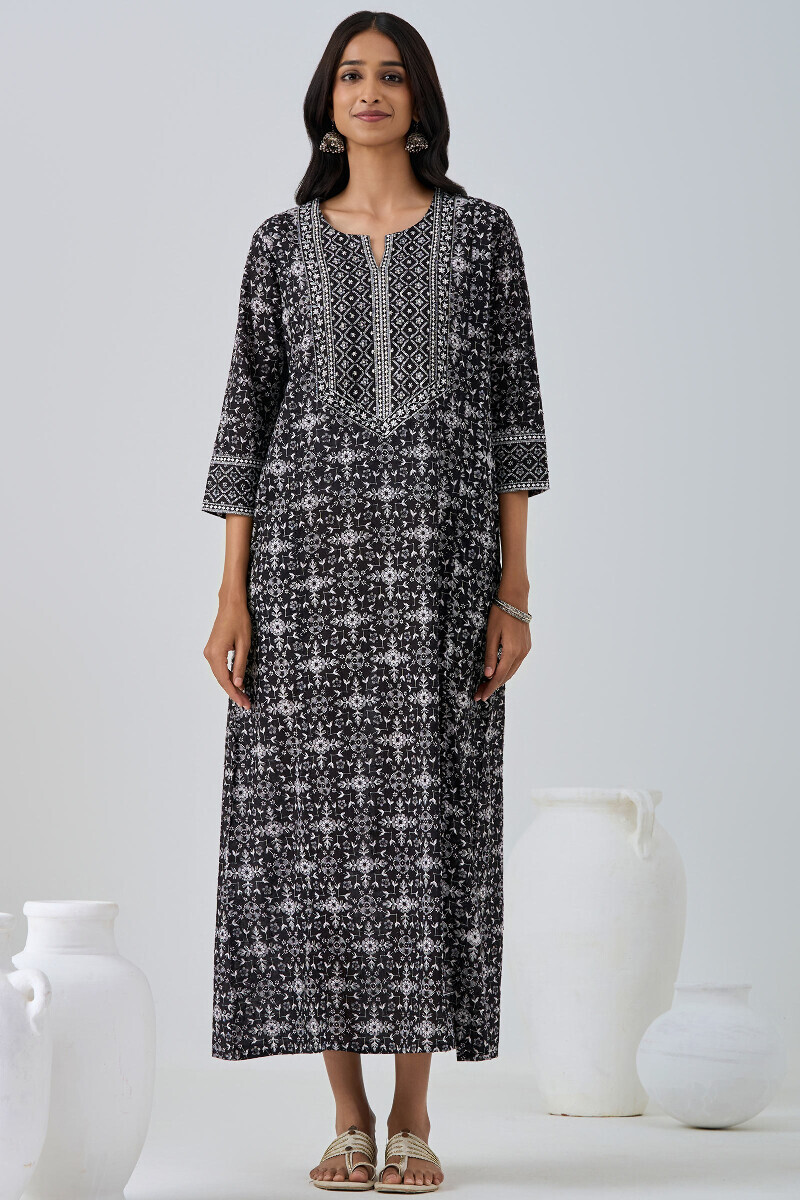 Black Hand Printed Cotton Dobby Kaftan