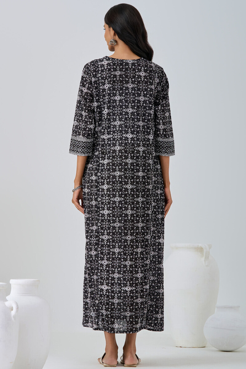 Black Hand Printed Cotton Dobby Kaftan