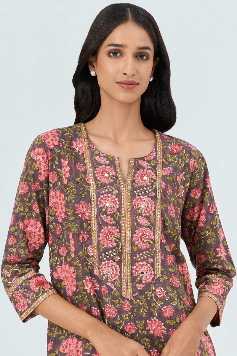 Mauve Hand Block Printed Cotton Kaftan