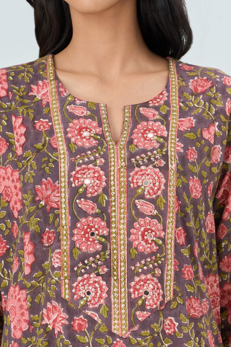 Mauve Hand Block Printed Cotton Kaftan