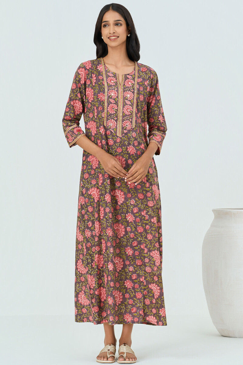 Mauve Hand Block Printed Cotton Kaftan