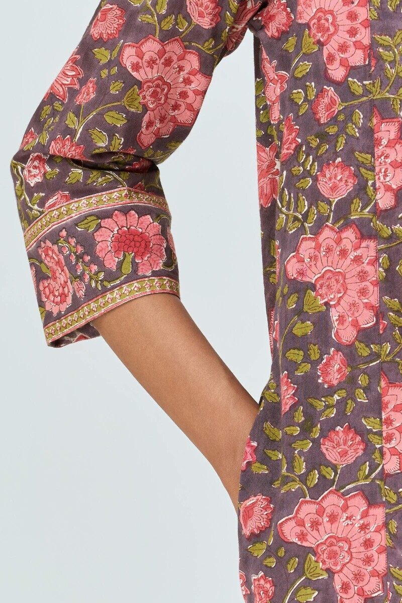 Mauve Hand Block Printed Cotton Kaftan