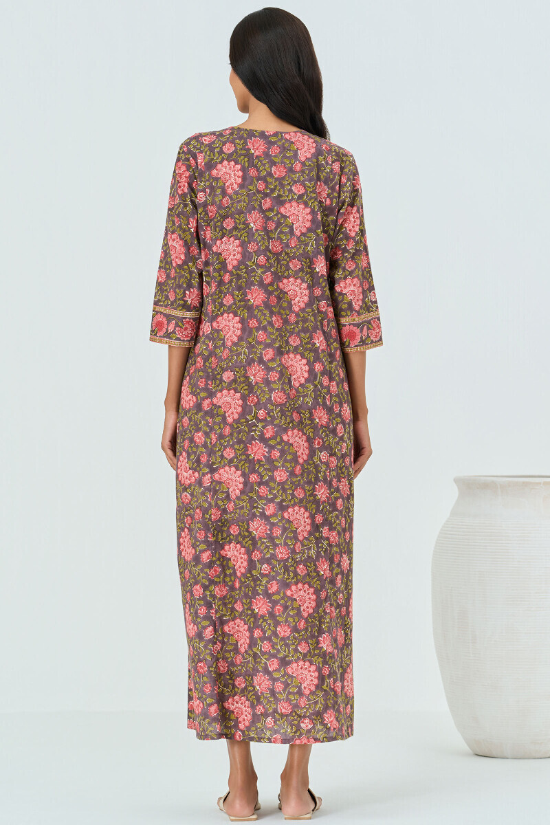 Mauve Hand Block Printed Cotton Kaftan