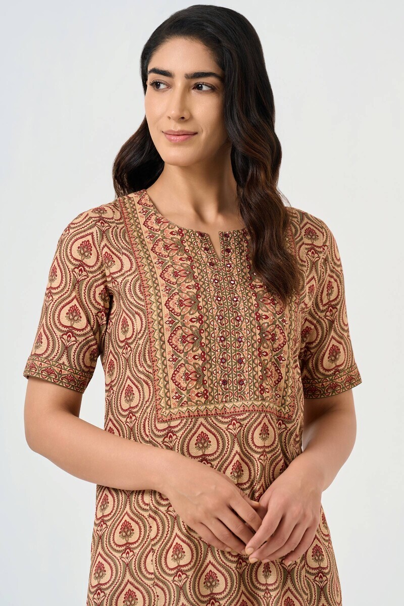 Beige Printed Cotton Kaftan