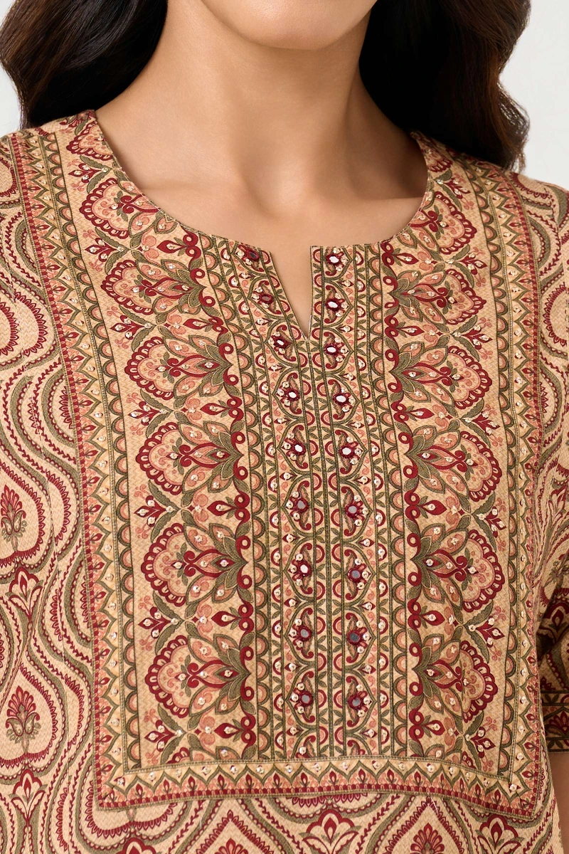 Beige Printed Cotton Kaftan