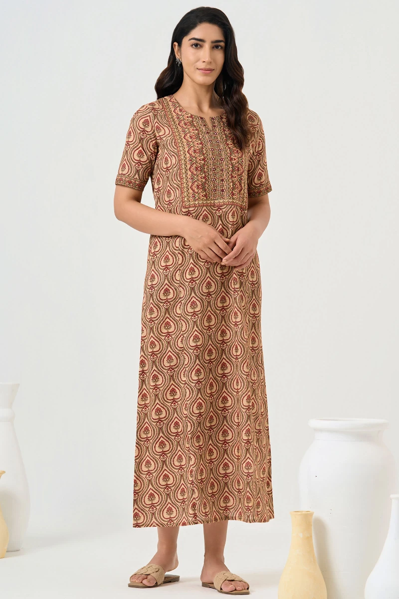 Beige Printed Cotton Kaftan