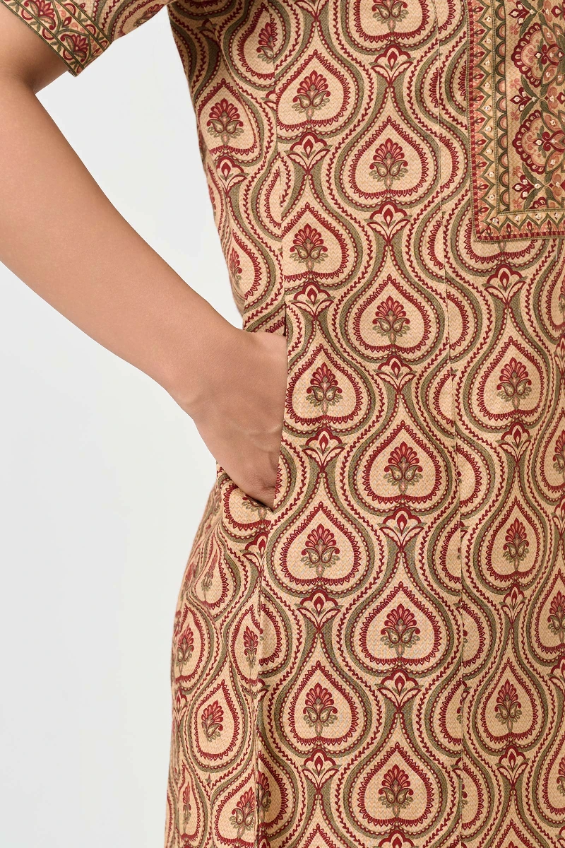 Beige Printed Cotton Kaftan