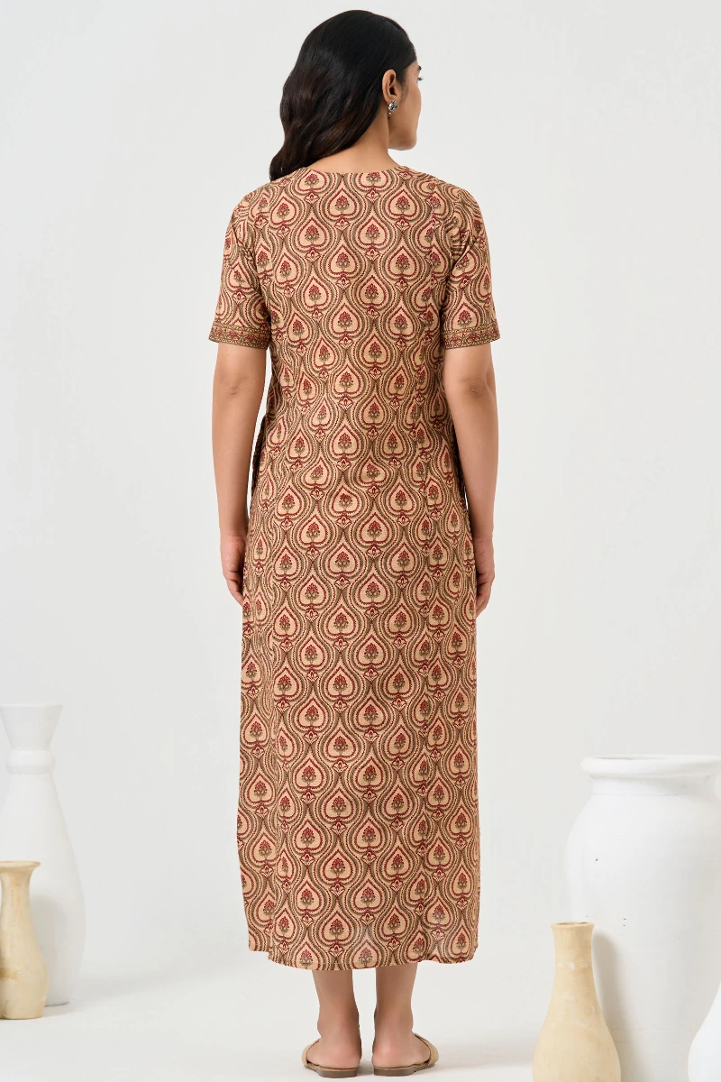 Beige Printed Cotton Kaftan