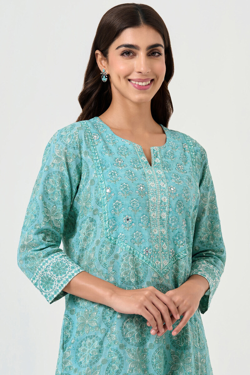 Teal Hand Block Printed Ram Buta Kaftan