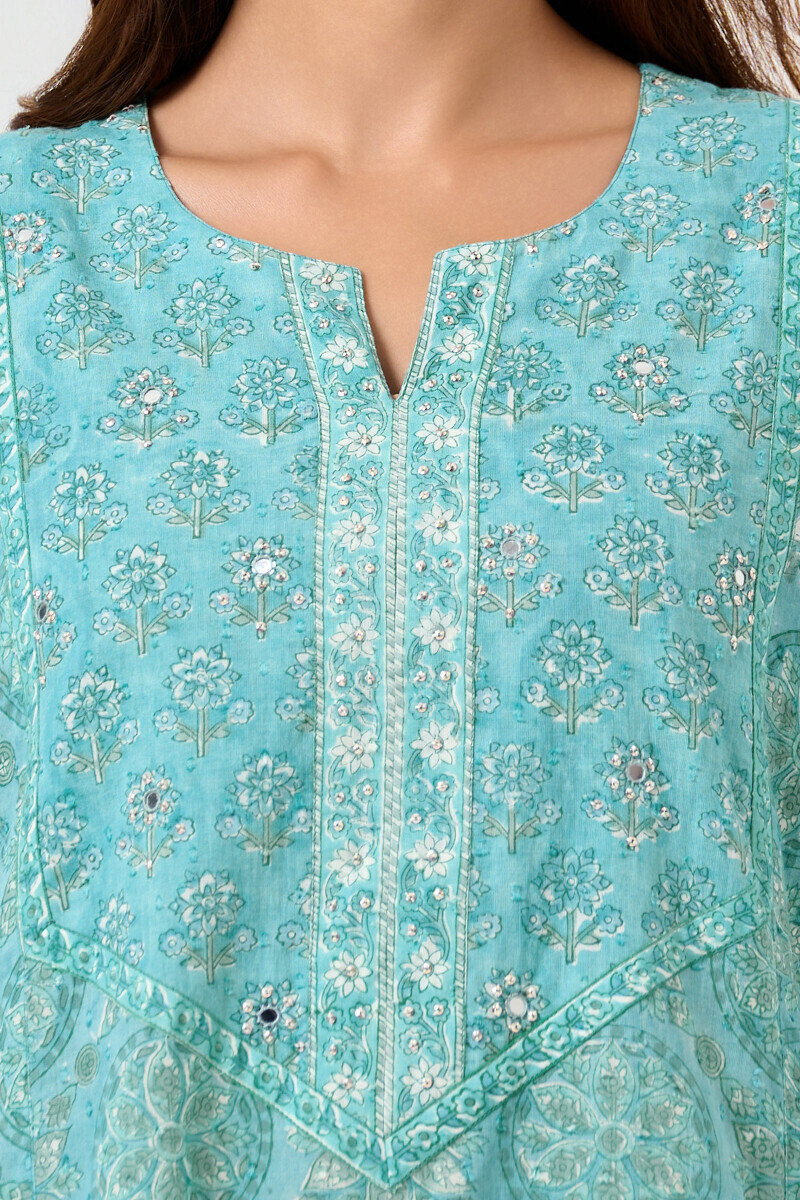 Teal Hand Block Printed Ram Buta Kaftan