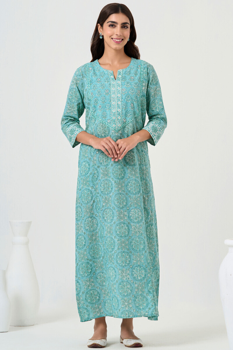 Teal Hand Block Printed Ram Buta Kaftan