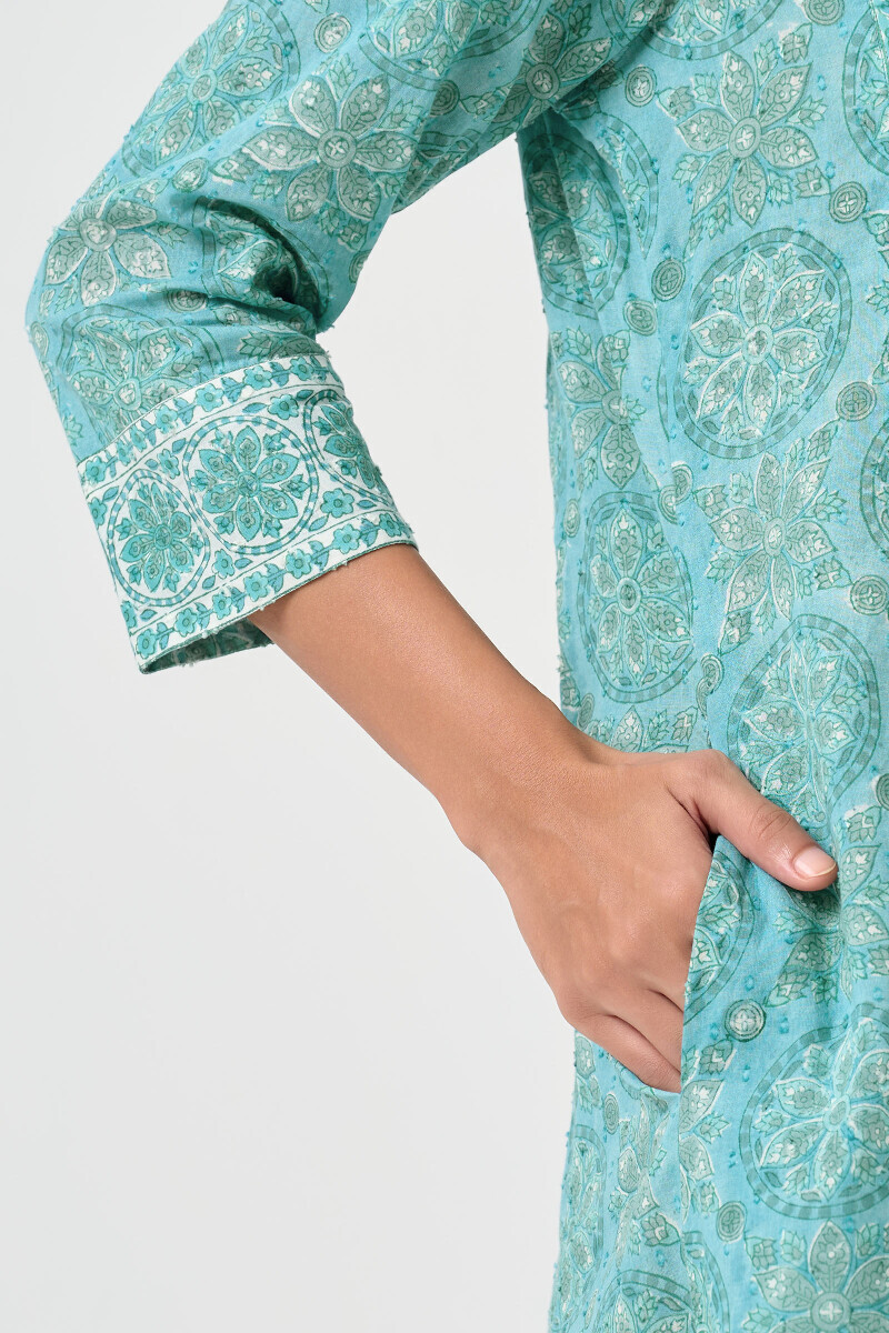 Teal Hand Block Printed Ram Buta Kaftan