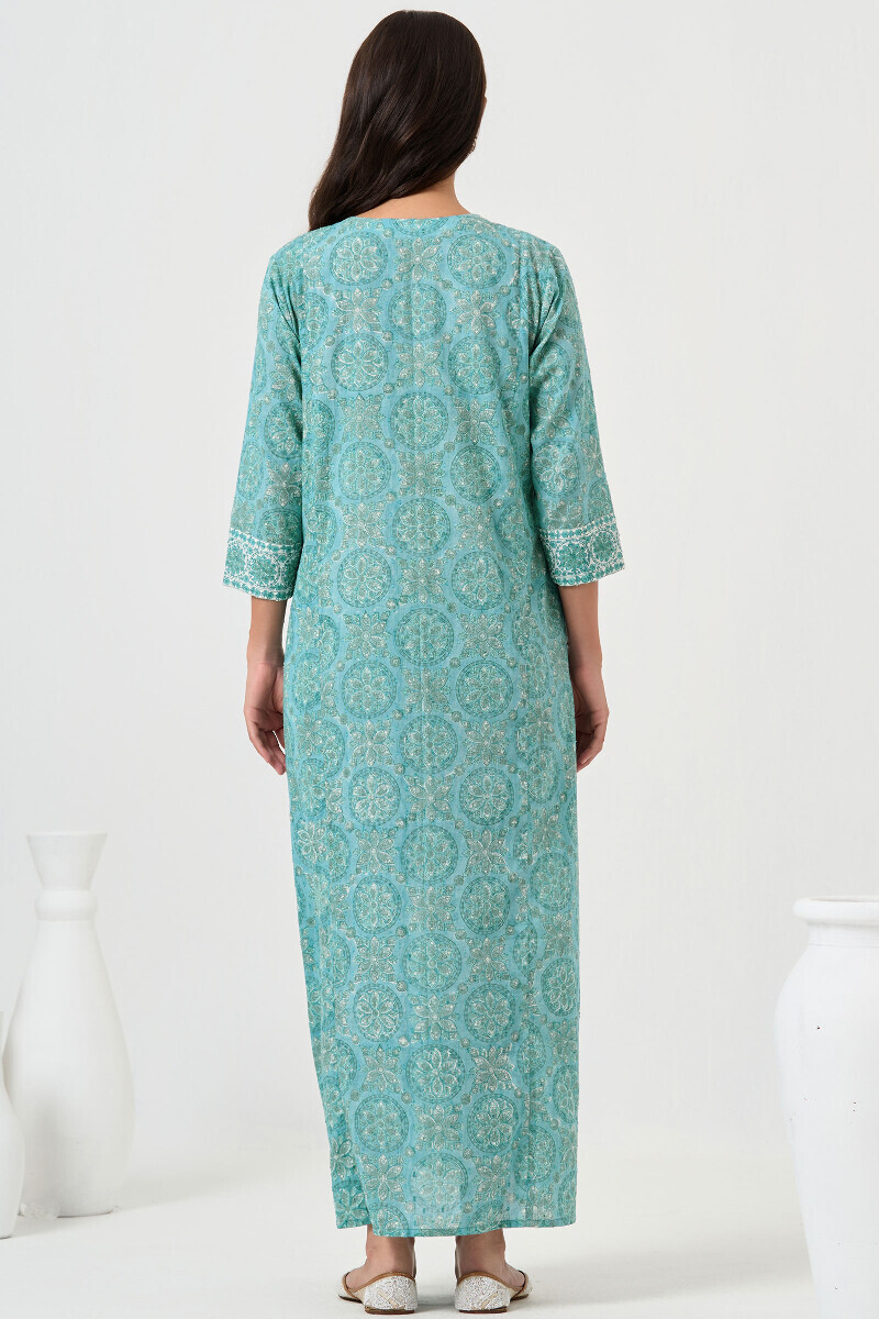 Teal Hand Block Printed Ram Buta Kaftan