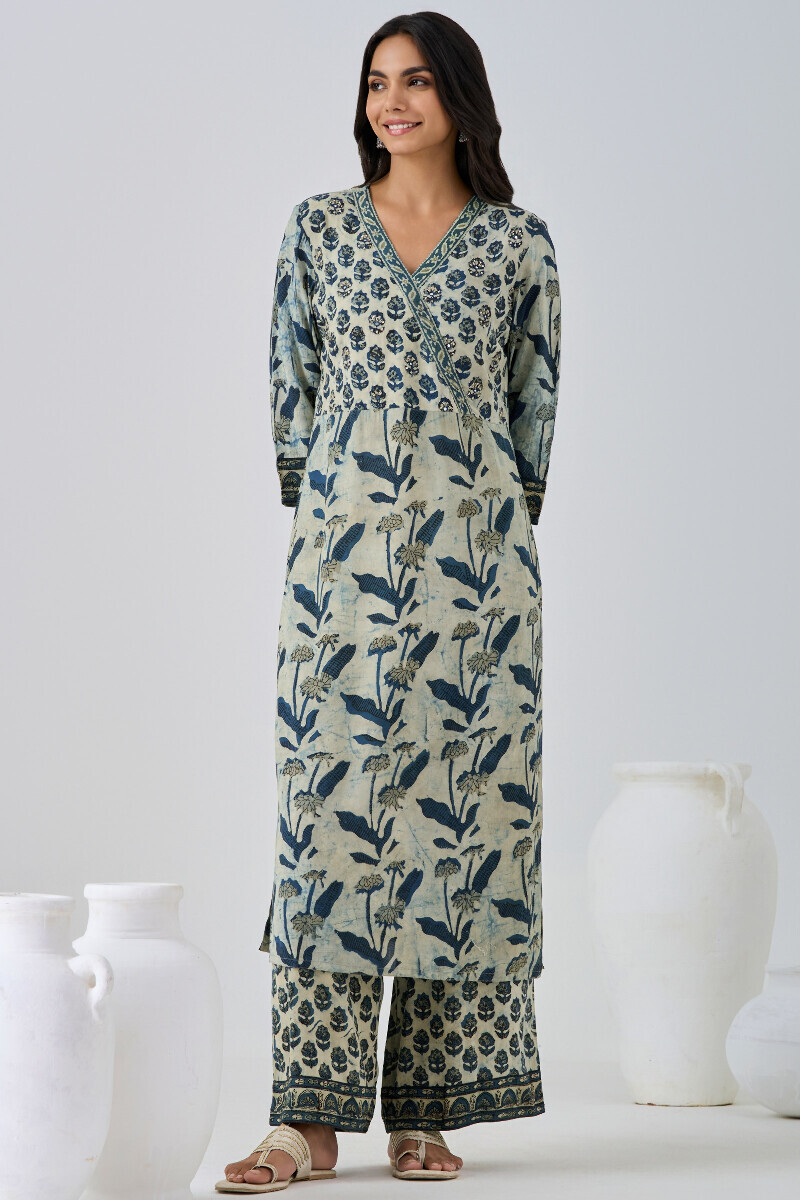 Indigo Block Printed Straight Cotton Modal Kurta
