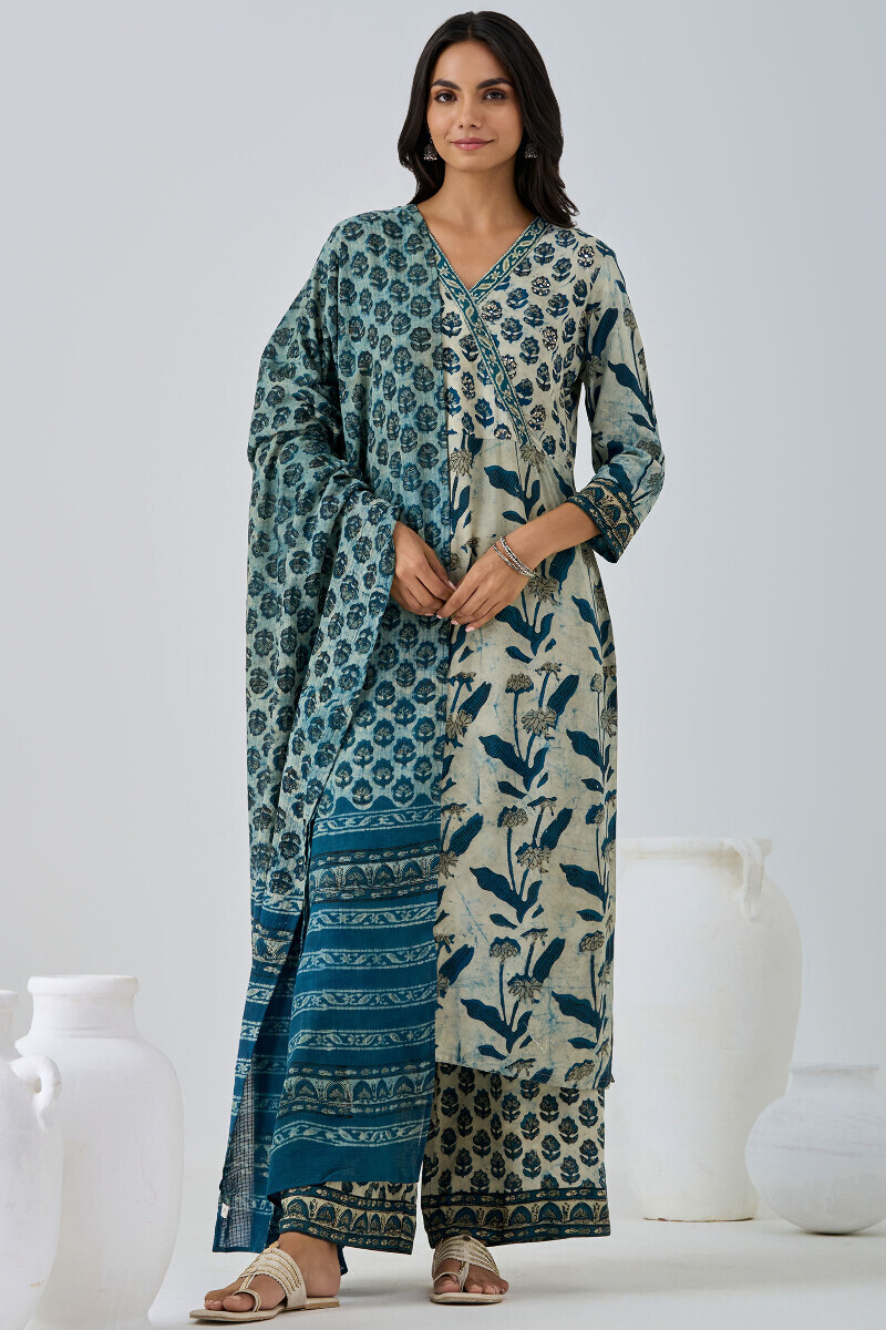 Indigo Block Printed Straight Cotton Modal Kurta