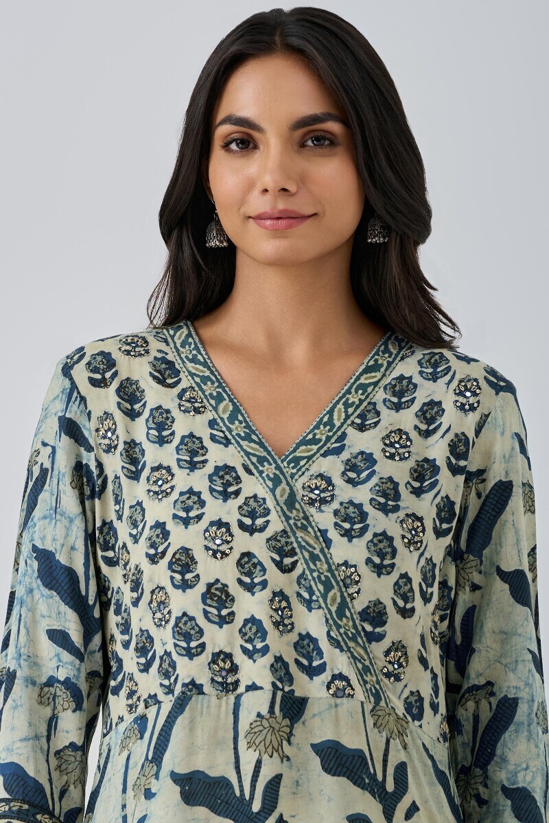 Indigo Block Printed Straight Cotton Modal Kurta