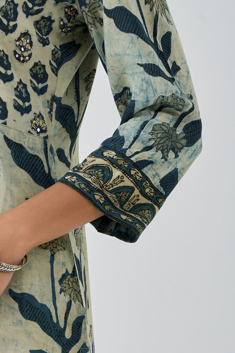 Indigo Block Printed Straight Cotton Modal Kurta