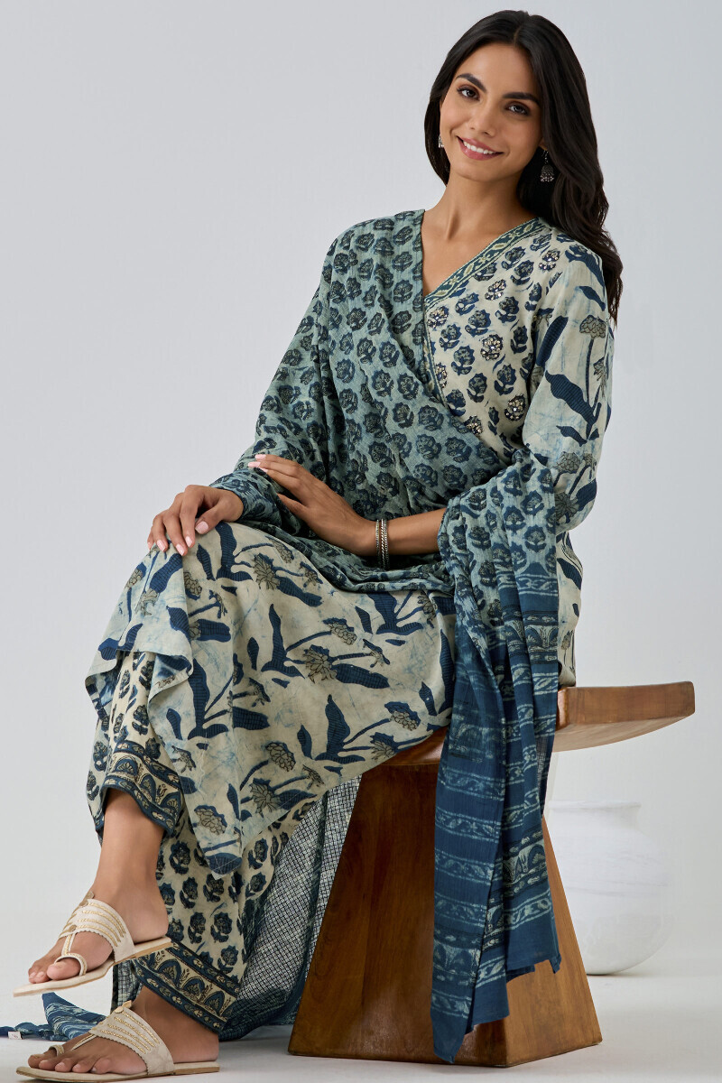 Indigo Block Printed Straight Cotton Modal Kurta