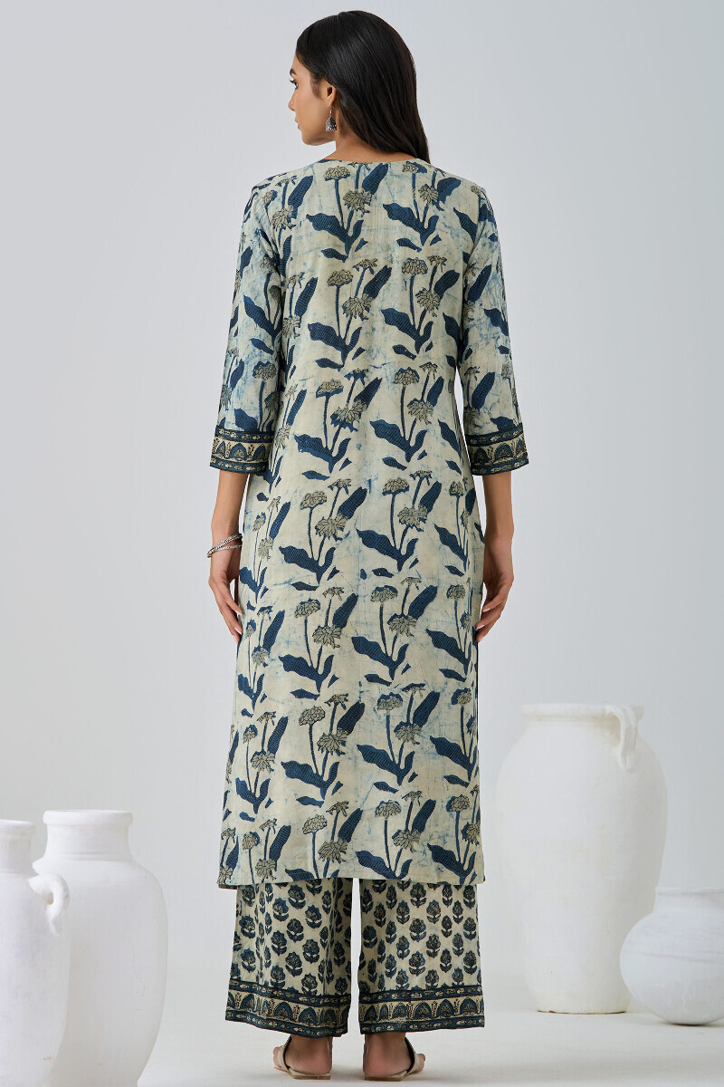 Indigo Block Printed Straight Cotton Modal Kurta